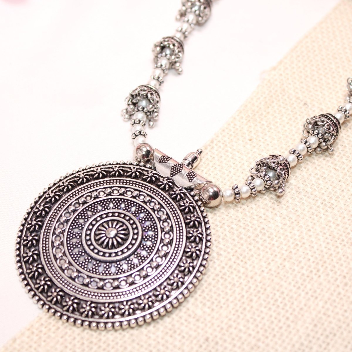 BANJARA PENDANT SET - JHUMKI PATTERN - CHAKRA - WHITE