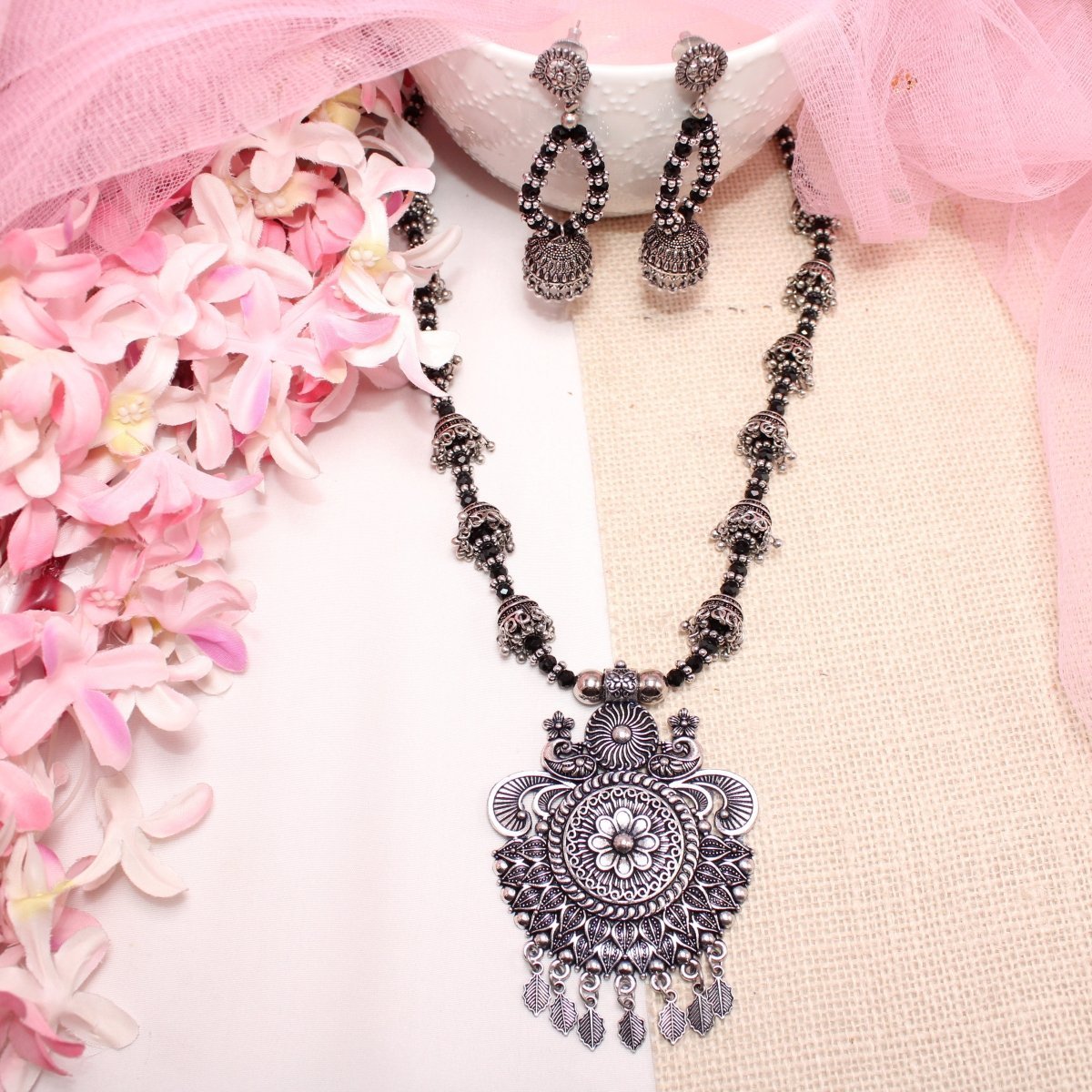 BANJARA PENDANT SET-JHUMKI PATTERN-PEACOCK PAIR-BLACK