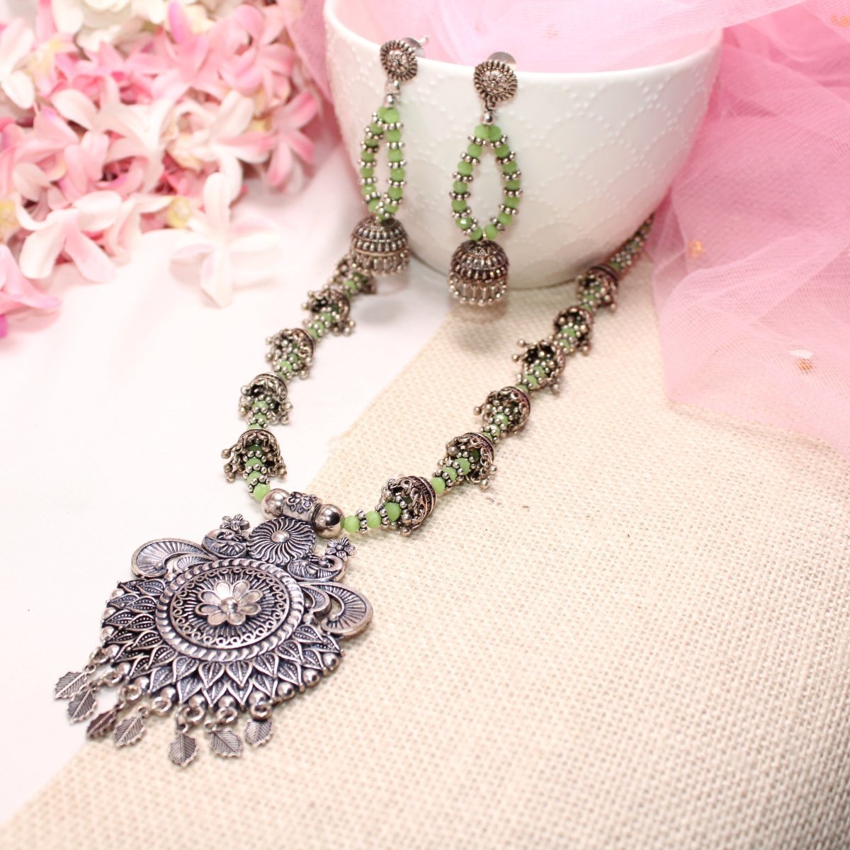 BANJARA PENDANT SET - JHUMKI PATTERN - PEACOCK PAIR - GREEN