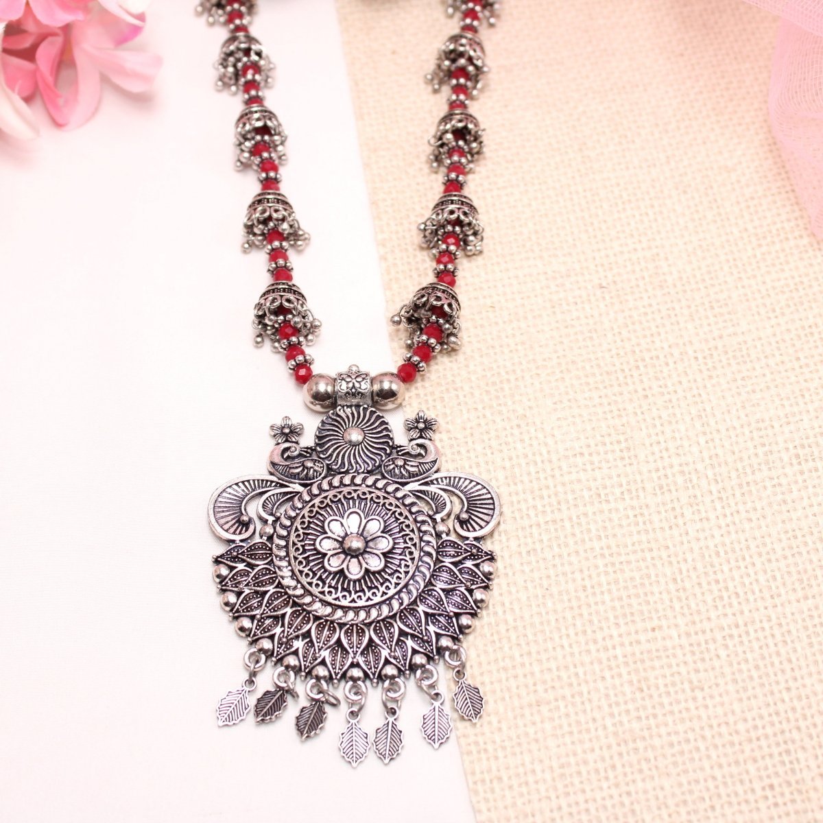 BANJARA PENDANT SET - JHUMKI PATTERN - PEACOCK PAIR - RED