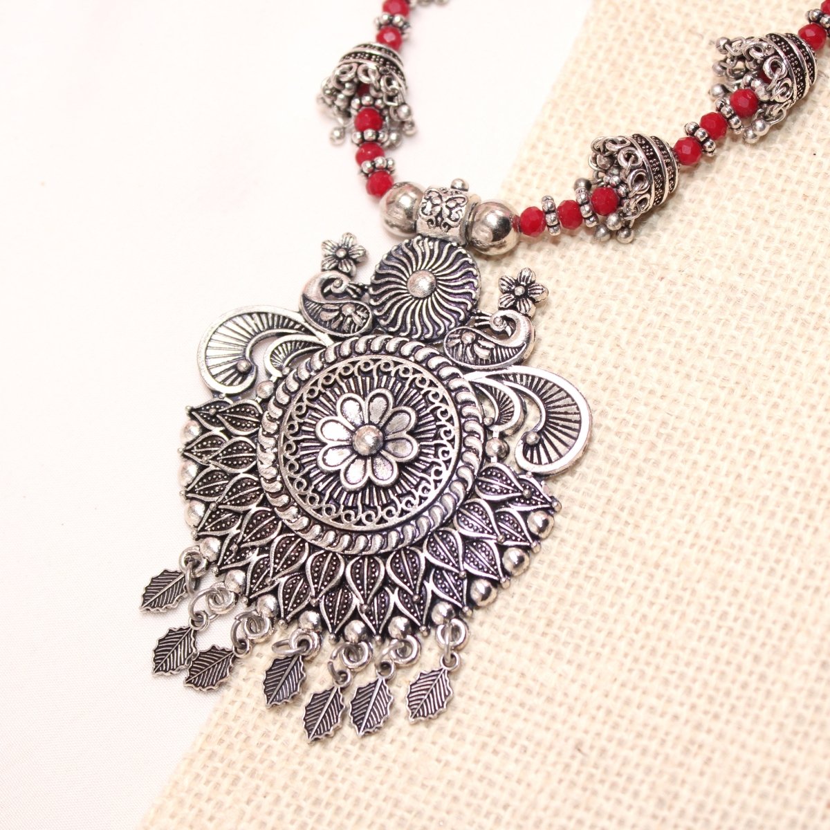 BANJARA PENDANT SET - JHUMKI PATTERN - PEACOCK PAIR - RED