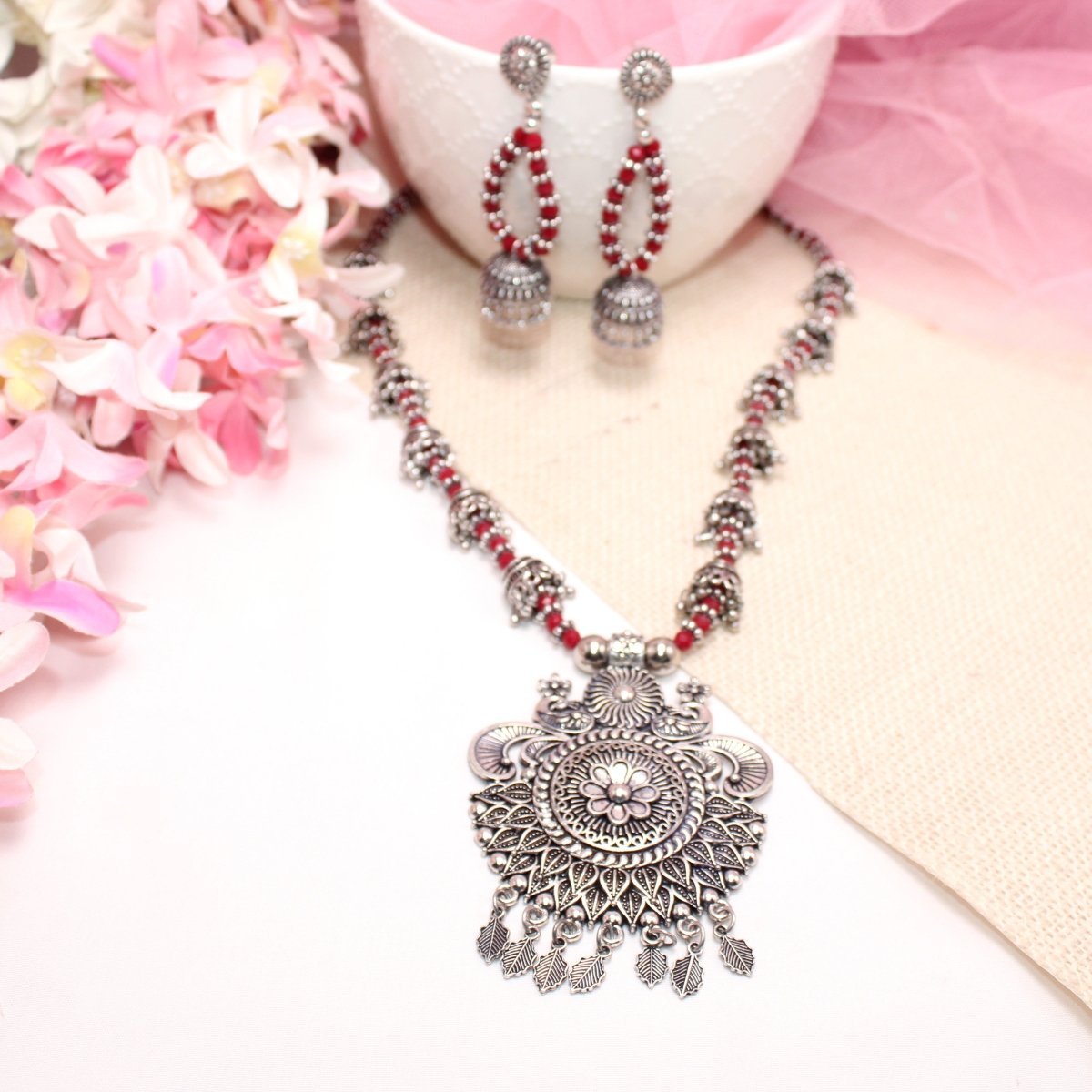 BANJARA PENDANT SET - JHUMKI PATTERN - PEACOCK PAIR - RED