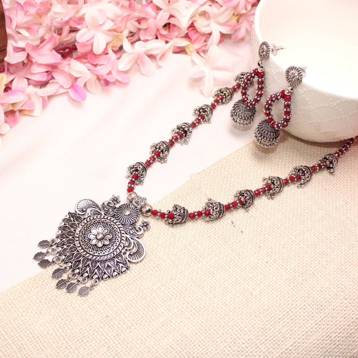 BANJARA PENDANT SET - JHUMKI PATTERN - PEACOCK PAIR - RED