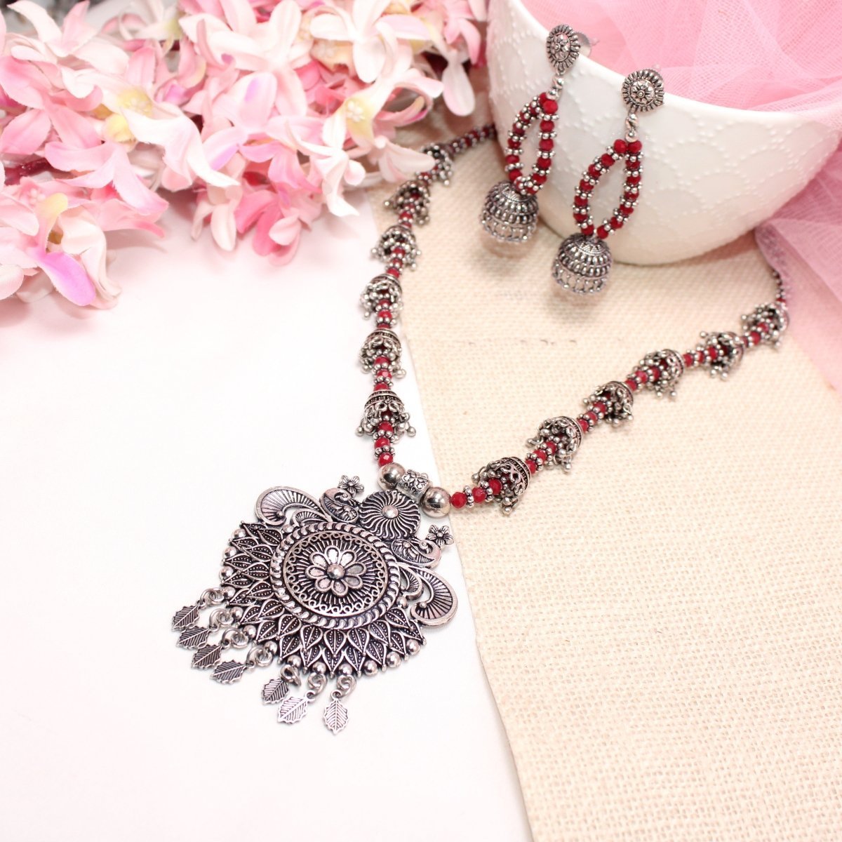 BANJARA PENDANT SET - JHUMKI PATTERN - PEACOCK PAIR - RED
