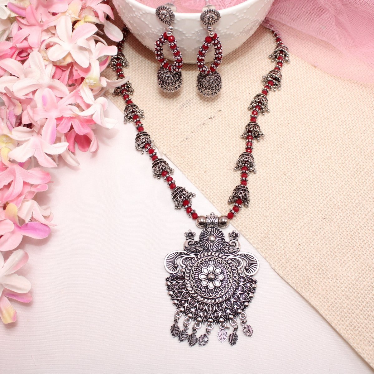 BANJARA PENDANT SET - JHUMKI PATTERN - PEACOCK PAIR - RED