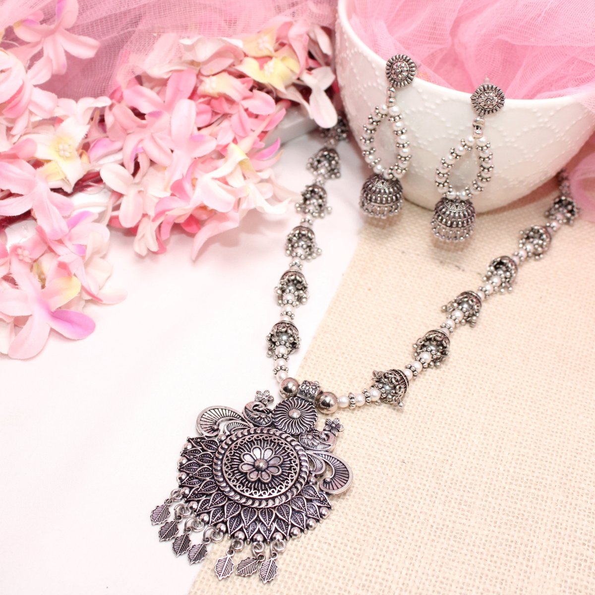 BANJARA PENDANT SET - JHUMKI PATTERN - PEACOCK PATTERN - WHITE