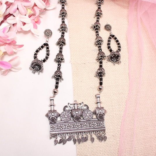 BANJARA PENDANT SET-JHUMKI PATTERN-RECTANGULAR PATTERN-BLACK