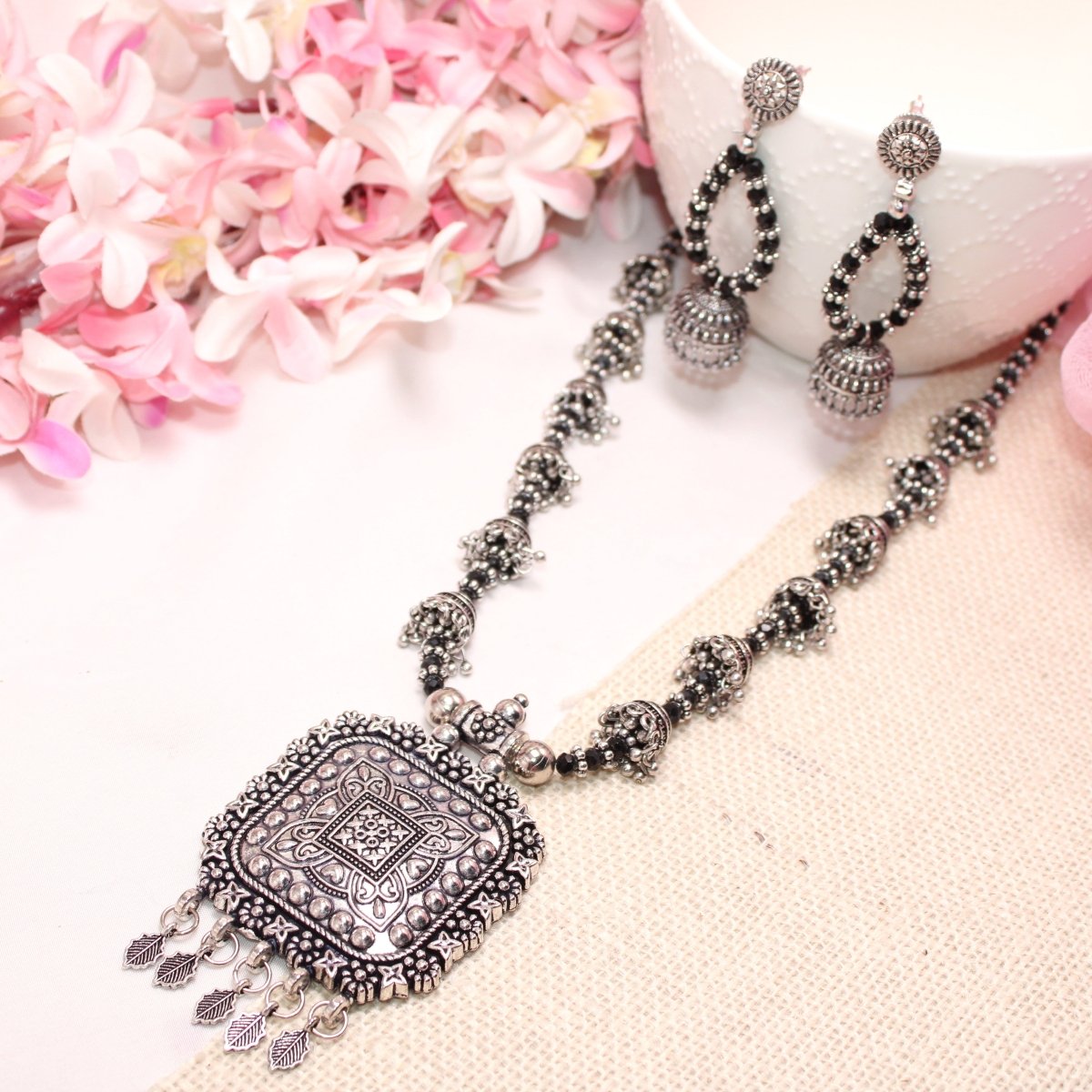 BANJARA PENDANT SET - JHUMKI PATTERN - SQUARE - BLACK