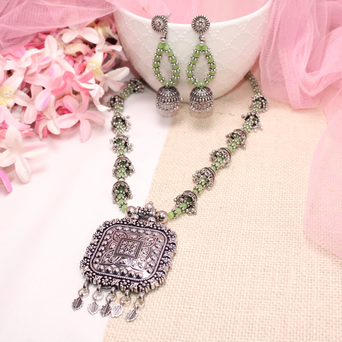 BANJARA PENDANT SET - JHUMKI PATTERN - SQUARE - GREEN