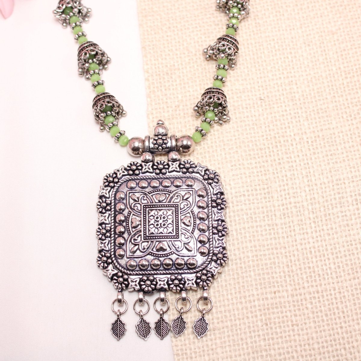 BANJARA PENDANT SET-JHUMKI PATTERN-SQUARE-GREEN