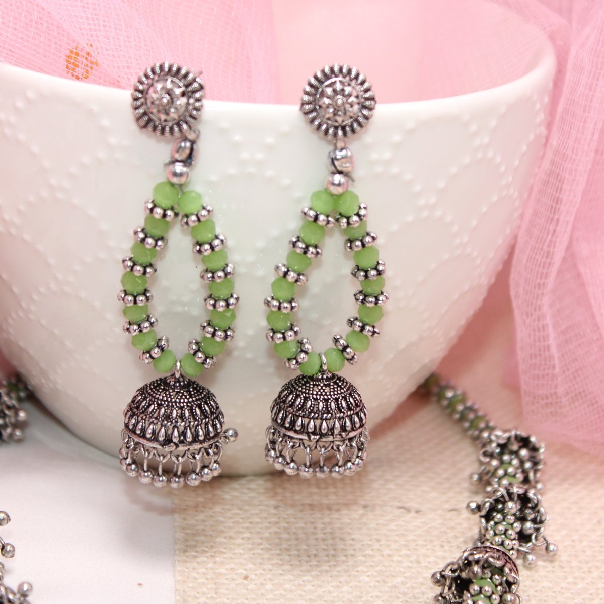 BANJARA PENDANT SET - JHUMKI PATTERN - SQUARE - GREEN