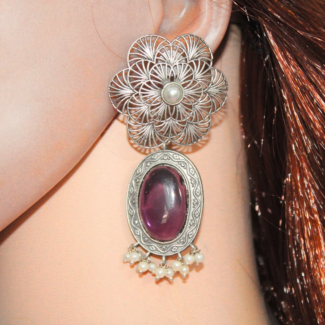 BIG FLOWER JAALI WITH MONALISA STONE EARRING - PURPLE