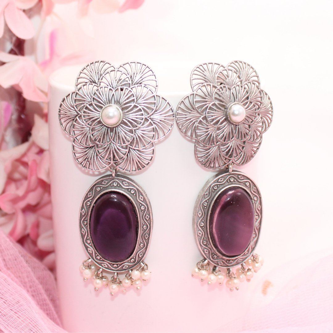 BIG FLOWER JAALI WITH MONALISA STONE EARRING - PURPLE