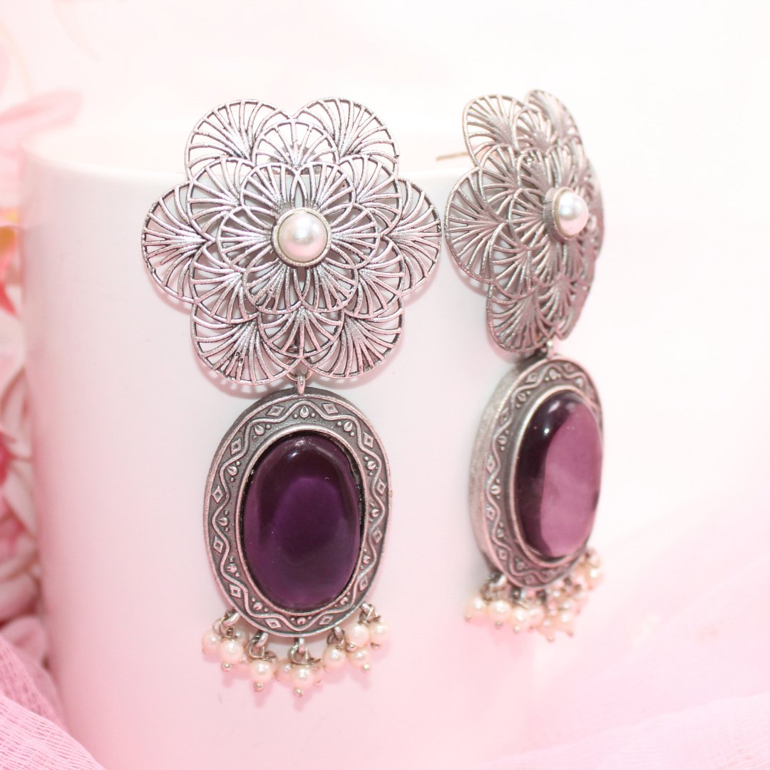 BIG FLOWER JAALI WITH MONALISA STONE EARRING - PURPLE