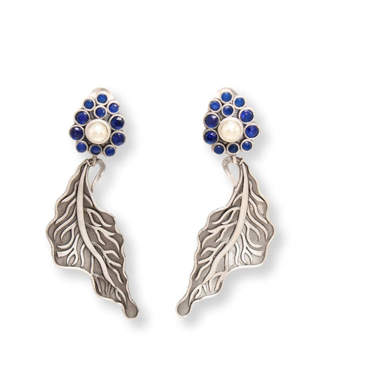Blue sculpted leaf earrings