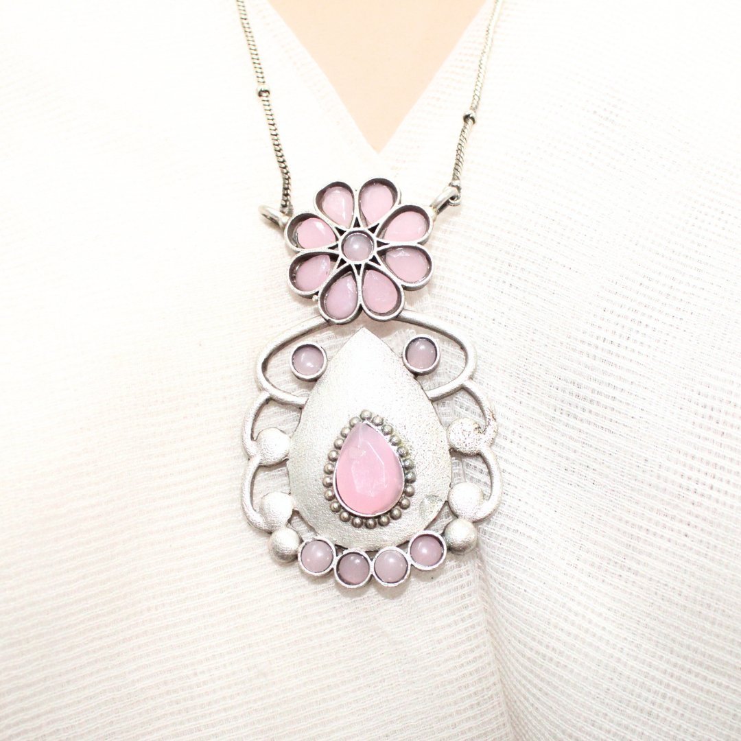 BIG TEAR-DROP WITH STONE PENDANT SET-PINK