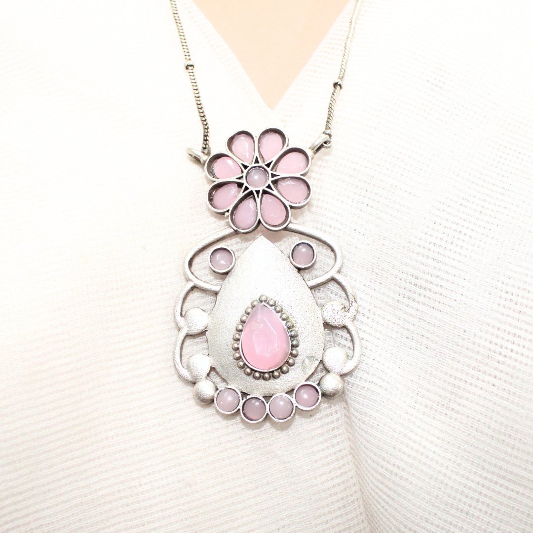 BIG TEAR - DROP WITH STONE PENDANT SET - PINK