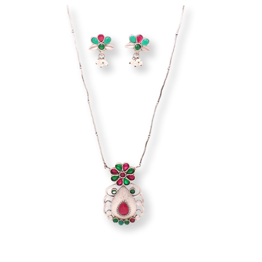 BIG TEAR - DROP WITH STONE PENDANT SET - RED & GREEN