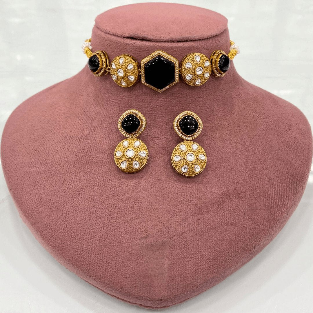 Black Kundan Choker Necklace Set – Handcrafted Gold-Plated Bridal Jewellery