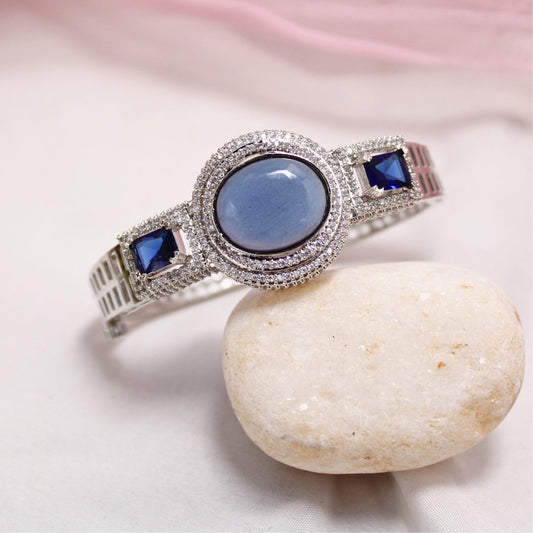 Blue Stone Openable Kada – Silver Finish Designer Bracelet
