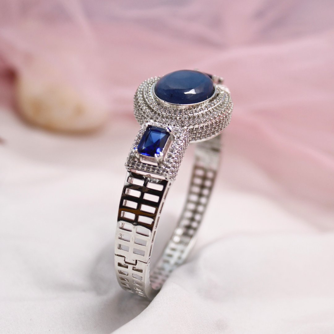 Blue Stone Openable Kada – Silver Finish Designer Bracelet
