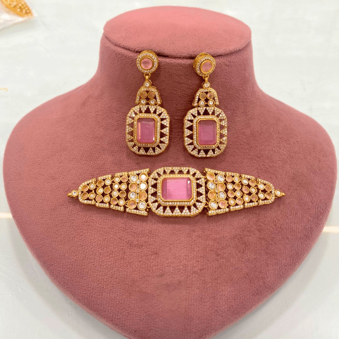Blush Pink Royal Choker Necklace Set – Handcrafted Gold-Plated Bridal Jewellery