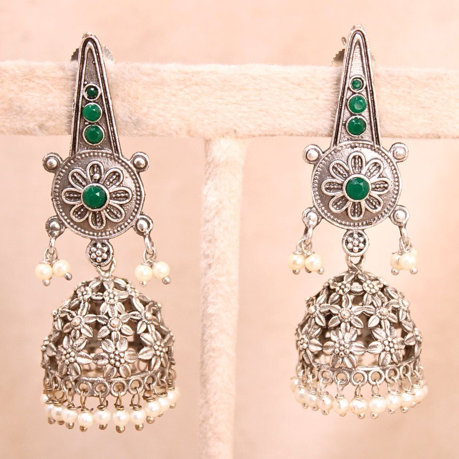 BOHO JHUMKI IN FLOWER JALI PATTERN - WHITE MATTE SILVER LOOK ALIKE - GREEN