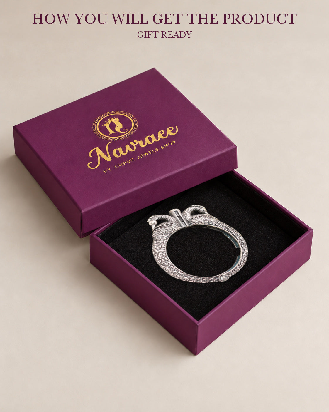 Boho Peacock Silver-Look Kada Bracelet resting inside the open Navraee gift-ready presentation box.