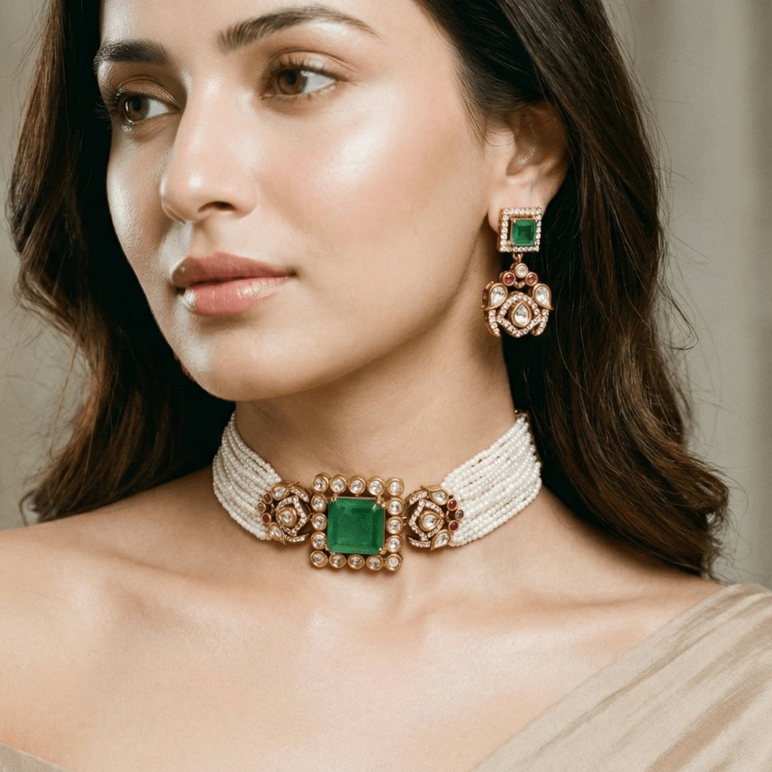 Celebrity-Inspired Emerald Green Doublet Stone Pearl Choker Set