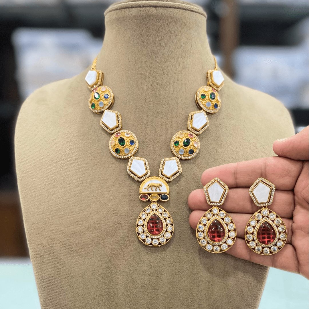 Celebrity-Inspired Multicolour Stone + Mother of Pearl Necklace Set with Red Doublet Pendant