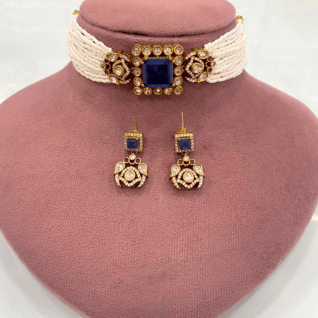Celebrity-Inspired Navy Blue Doublet Stone Pearl Choker Set