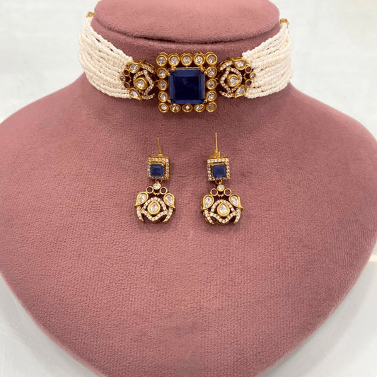 Celebrity-Inspired Navy Blue Doublet Stone Pearl Choker Set