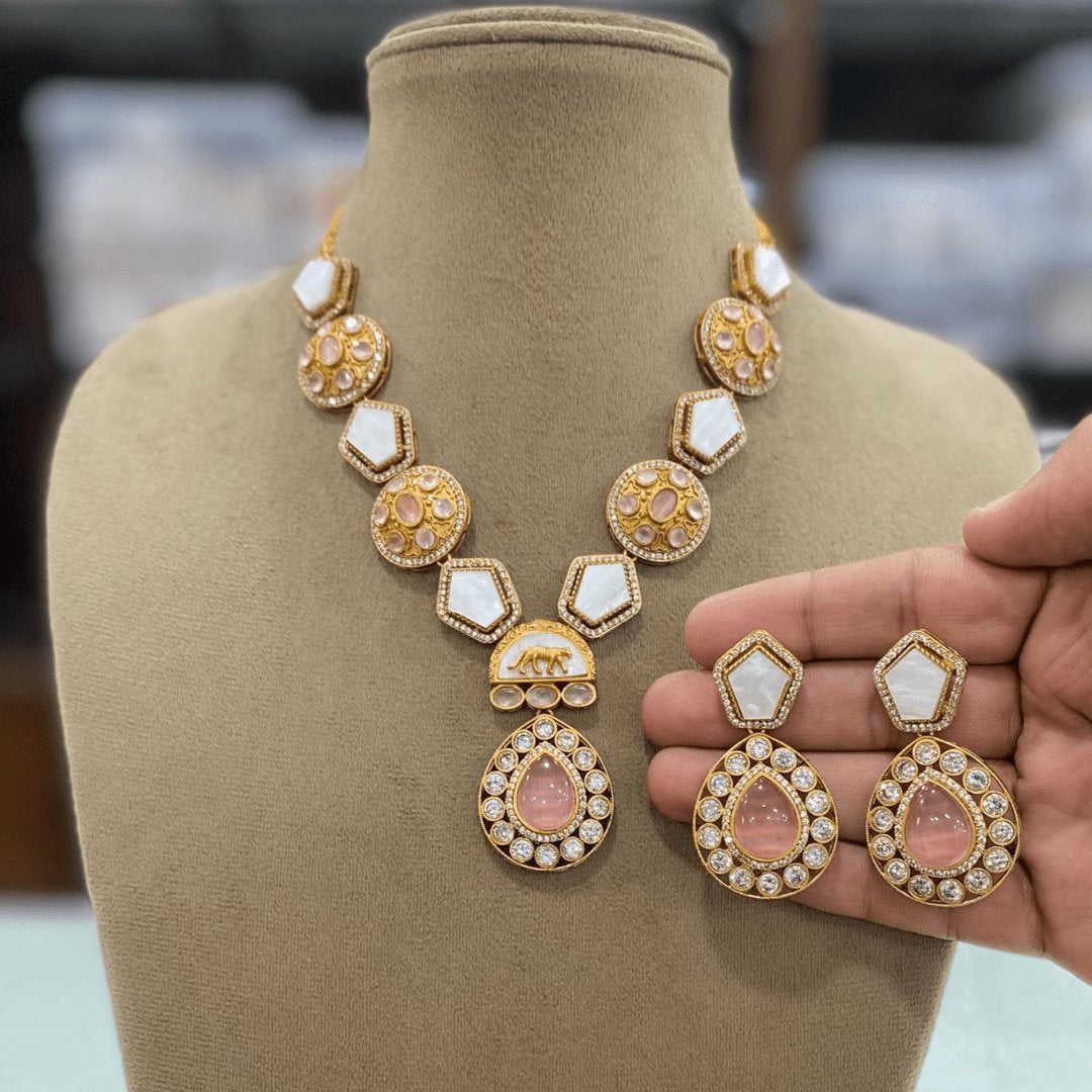 Celebrity-Inspired Pink Doublet Stone Necklace Set with Mother of Pearl detailing