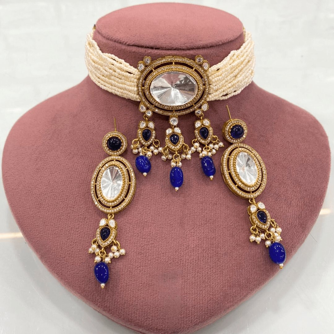 Celebrity-Inspired Uncut Polki Pearl Choker Necklace Set with Blue Drops