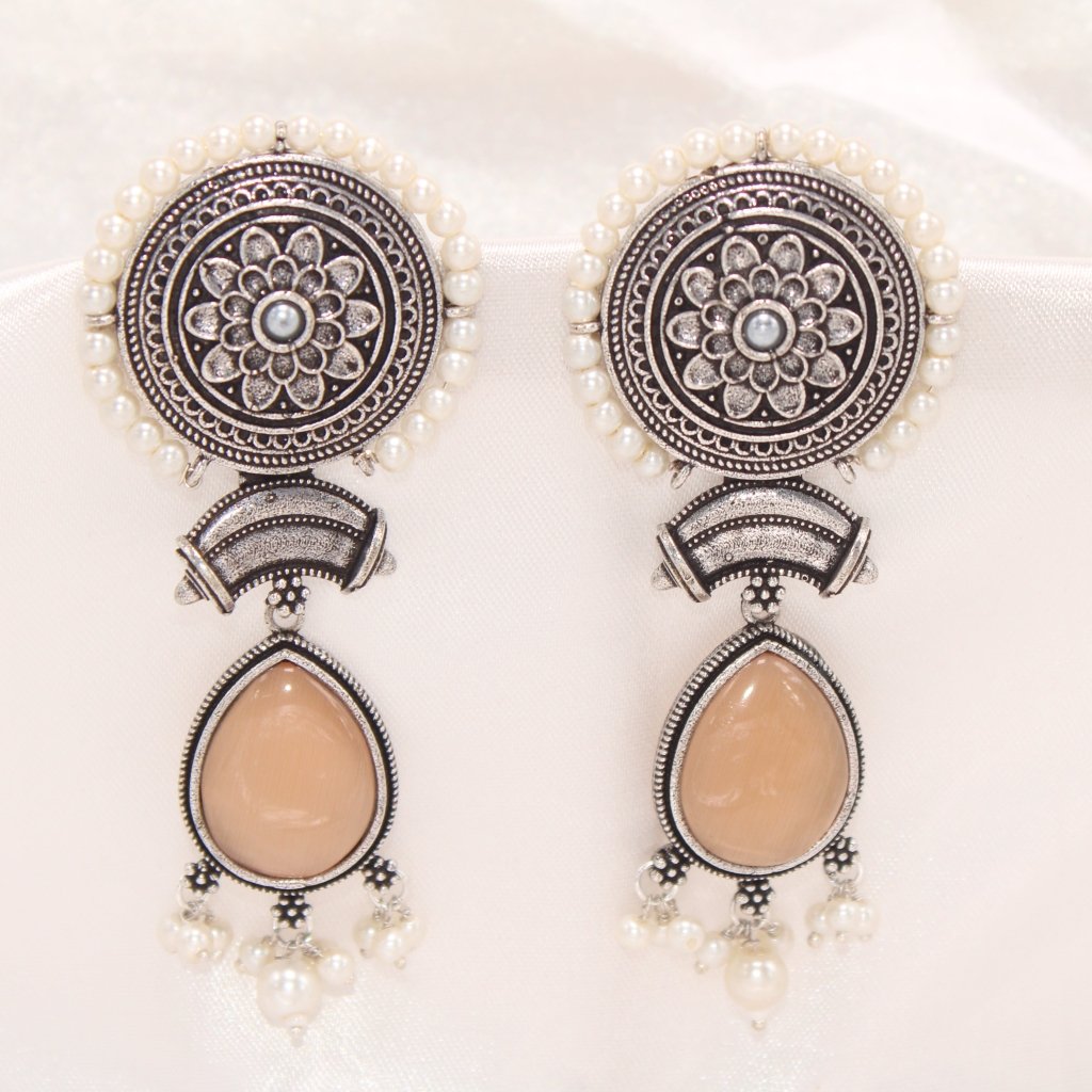 CHAKRA CHANDBALI JHUMKA WITH TEAR DROP STONE - LIGHT BROWN