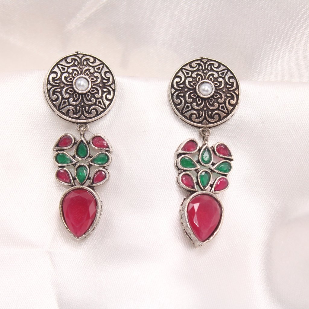 CHAKRA JHUMKA WITH TEAR DROPS STONE - RED & GREEN