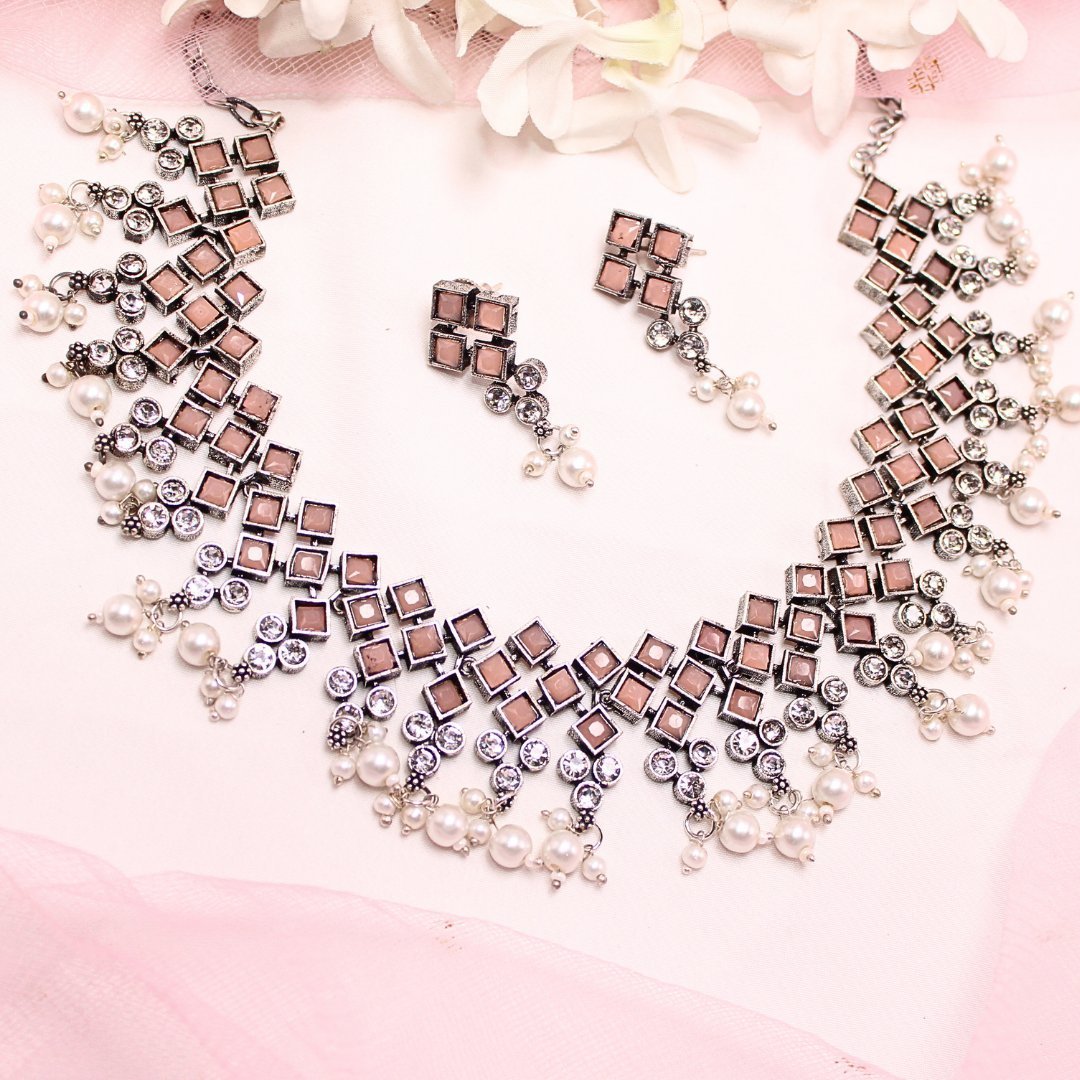 Crystal Necklace Set-Peach – front product view