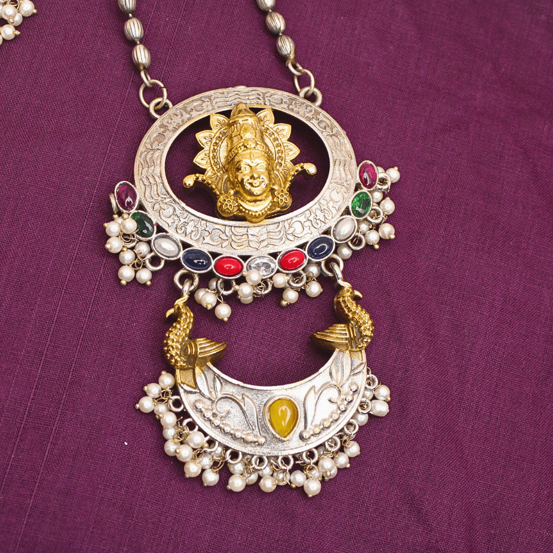 DEVI DUAL - TONE PENDANT SET - NAVRATNA