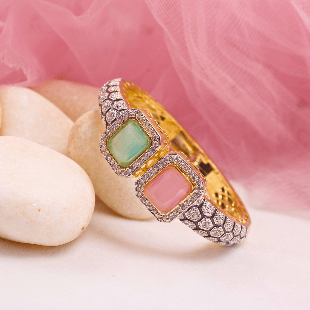 DIAMOND LOOK ALIKE BRACELET GOLDEN POLISH-PINK & MINT