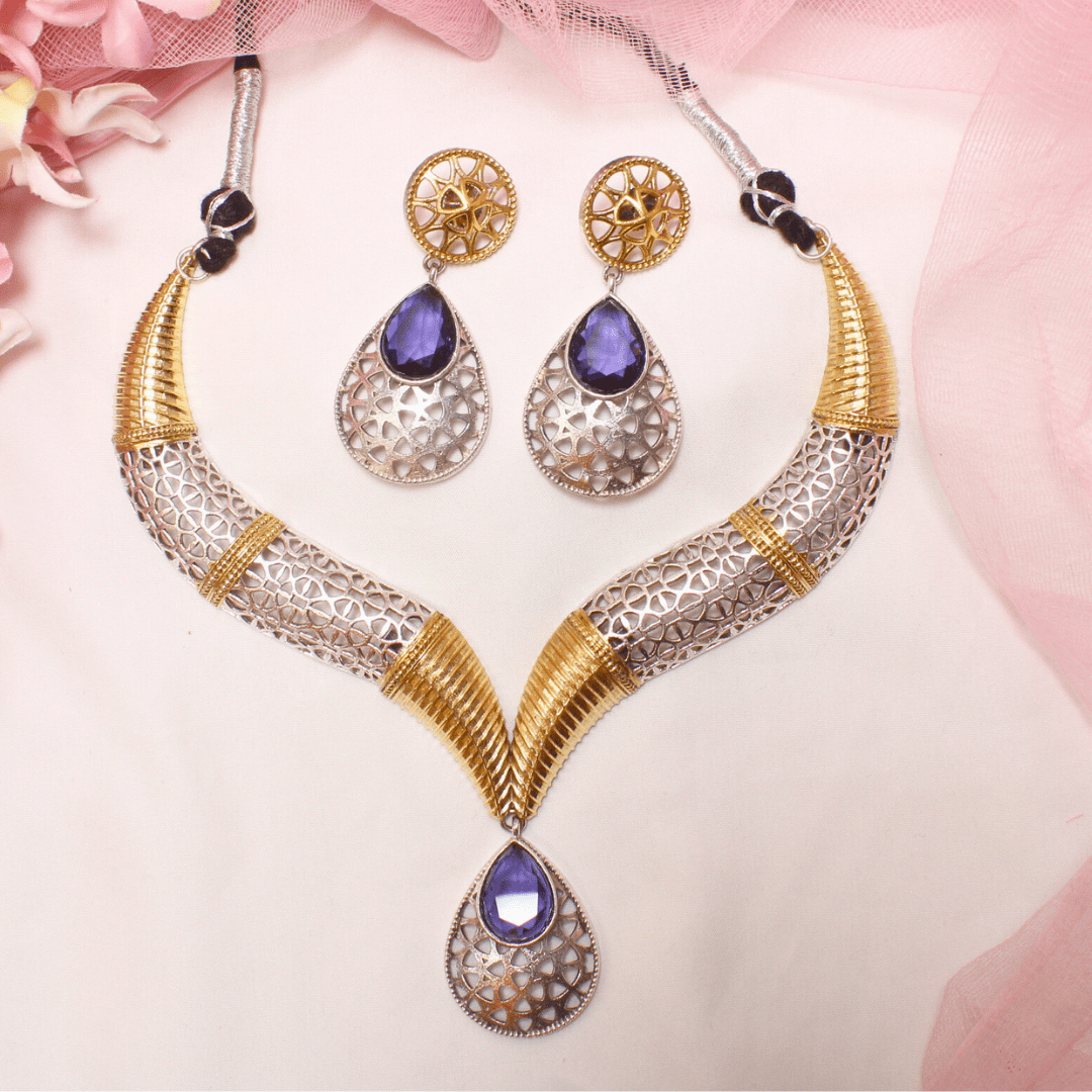 DUAL - TONE CUTWORK NECKLACE SET - PURPLE