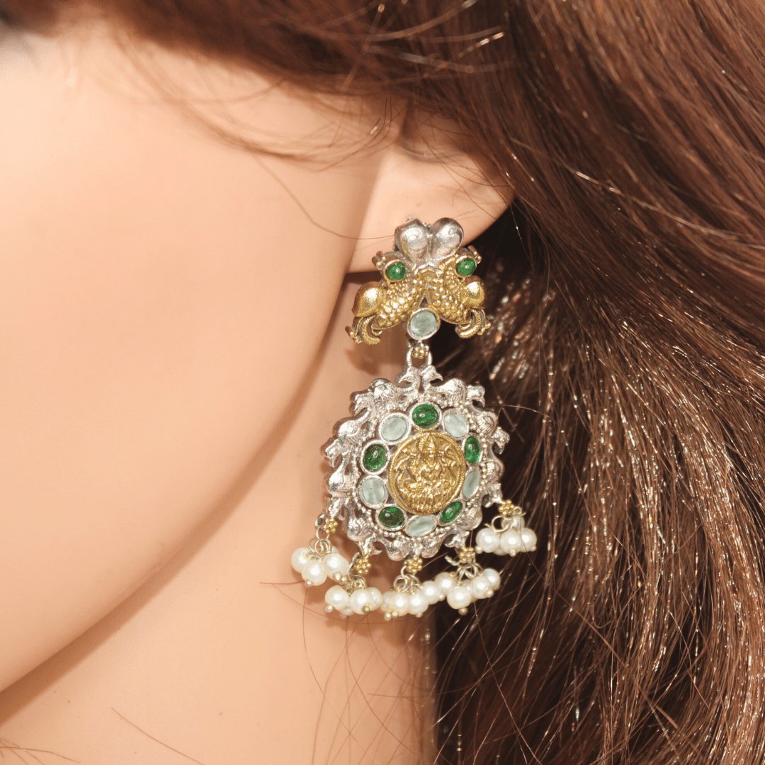 DUAL-TONE LAXMI PENDANT SET- MINT & GREEN