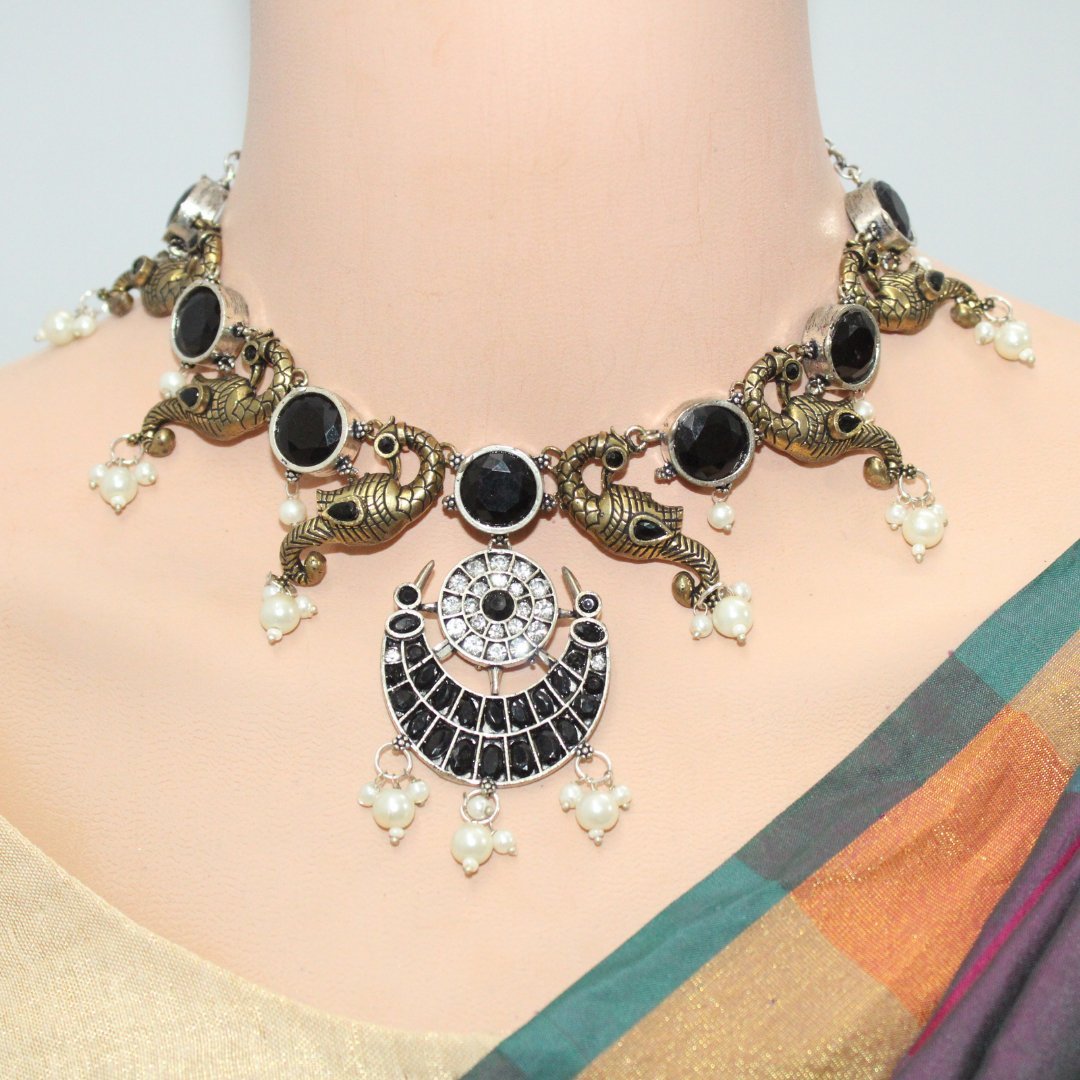 DUAL - TONE MAYURA CHAND NECKLACE - BLACK