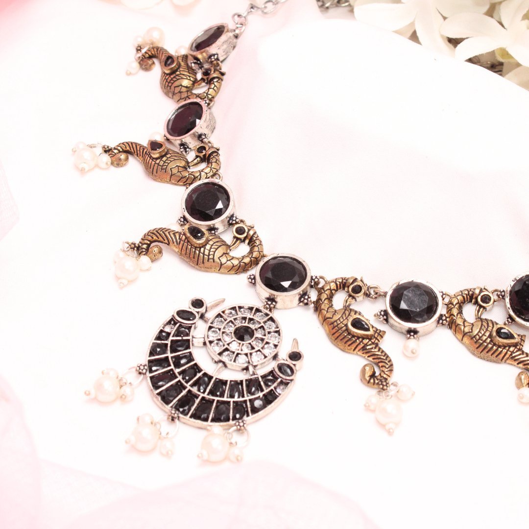 DUAL - TONE MAYURA CHAND NECKLACE - BLACK
