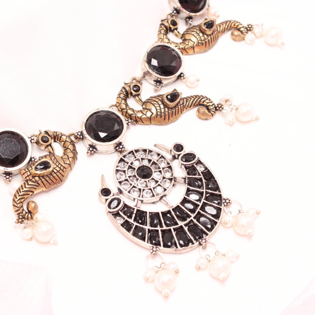 DUAL - TONE MAYURA CHAND NECKLACE - BLACK
