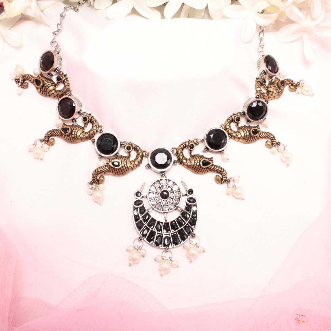 DUAL - TONE MAYURA CHAND NECKLACE - BLACK