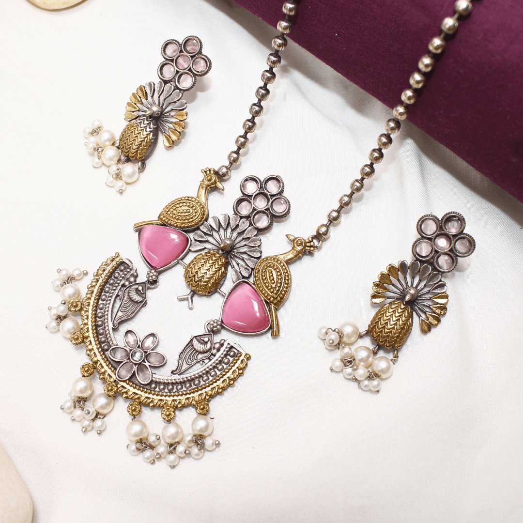 Dual Tone Peacock Pendant Set – Baby Pink