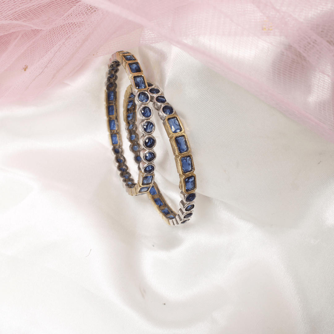 DUAL - TONE ROUND & SQUARE STONE BANGLES - SET OF 2 - BLUE