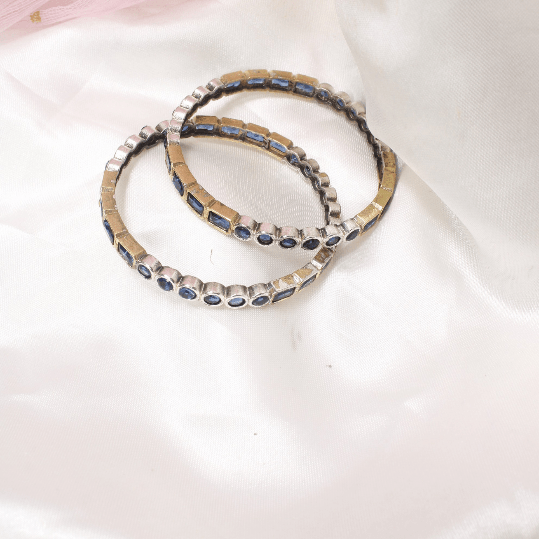 DUAL - TONE ROUND & SQUARE STONE BANGLES - SET OF 2 - BLUE