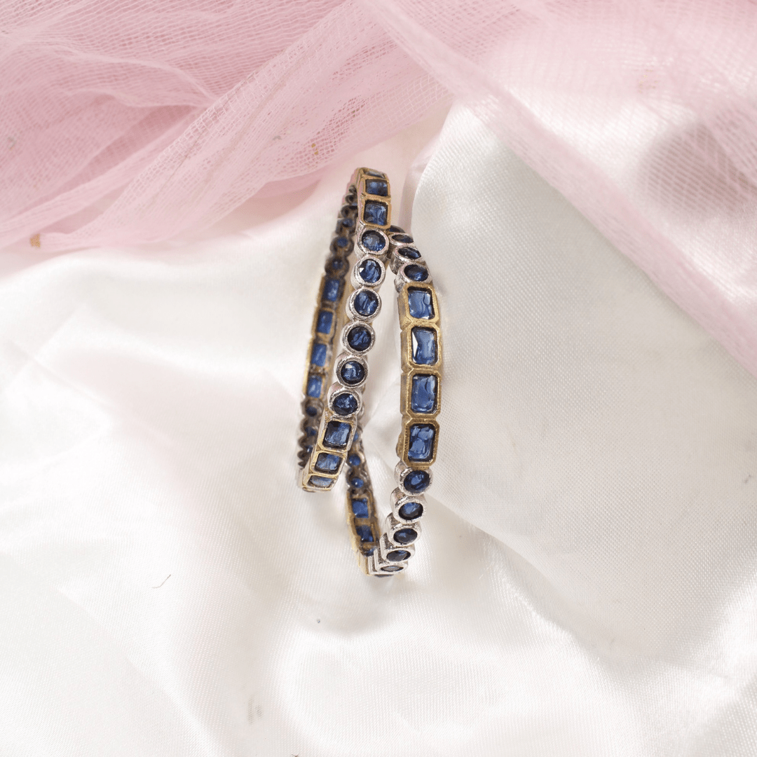 DUAL - TONE ROUND & SQUARE STONE BANGLES - SET OF 2 - BLUE