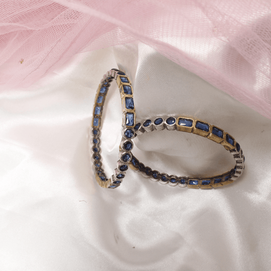 DUAL - TONE ROUND & SQUARE STONE BANGLES - SET OF 2 - BLUE